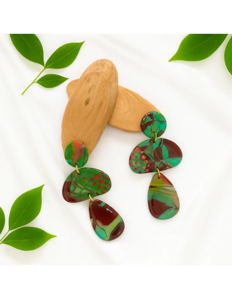 Pendientes Formas Colgantes Verde y Burdeos