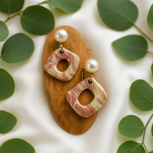 Pendientes Rombo Con Perla Rosa Tierra