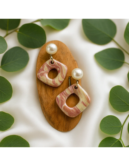 Pendientes Rombo Con Perla Rosa Tierra