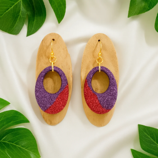 Pendientes Ovalo Algodon Rojo y Morado