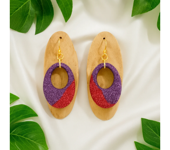 Pendientes Ovalo Algodon Rojo y Morado