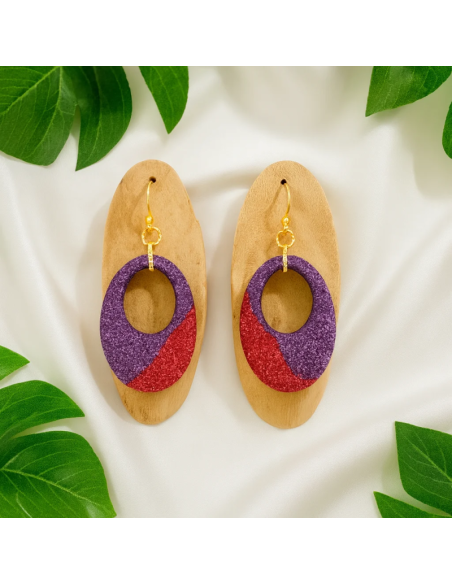 Pendientes Ovalo Algodon Rojo y Morado
